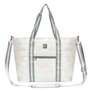 Stylish Shiny Pearl White Puffy Tote Bag with Silver Accents